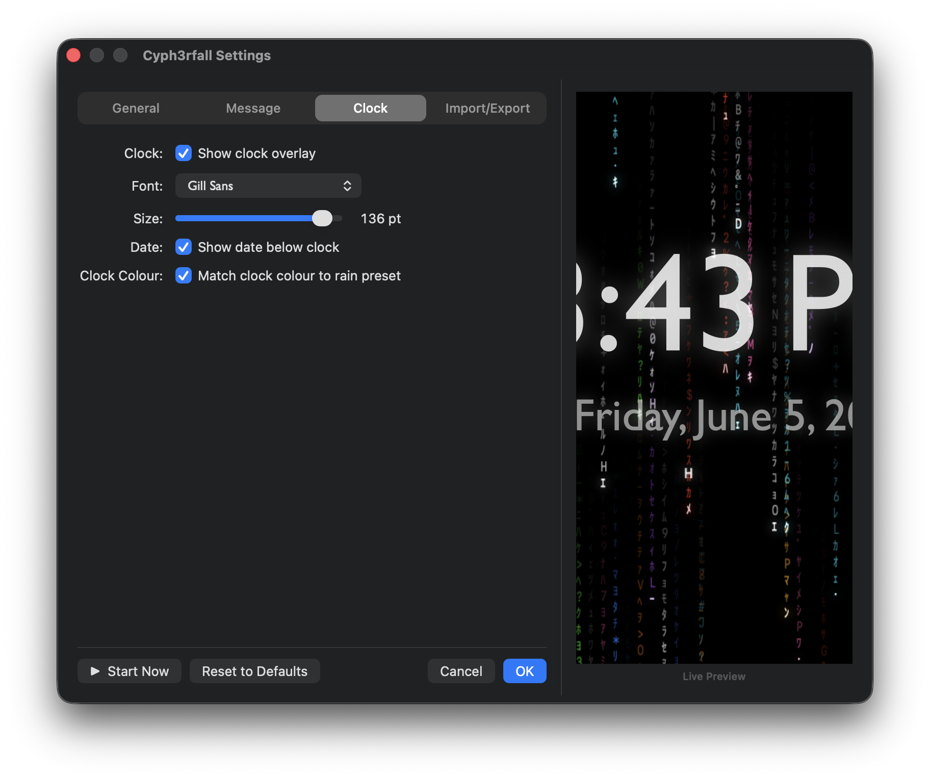 Clock tab — show clock overlay toggle, font picker, size slider, date toggle, and clock colour preset option.