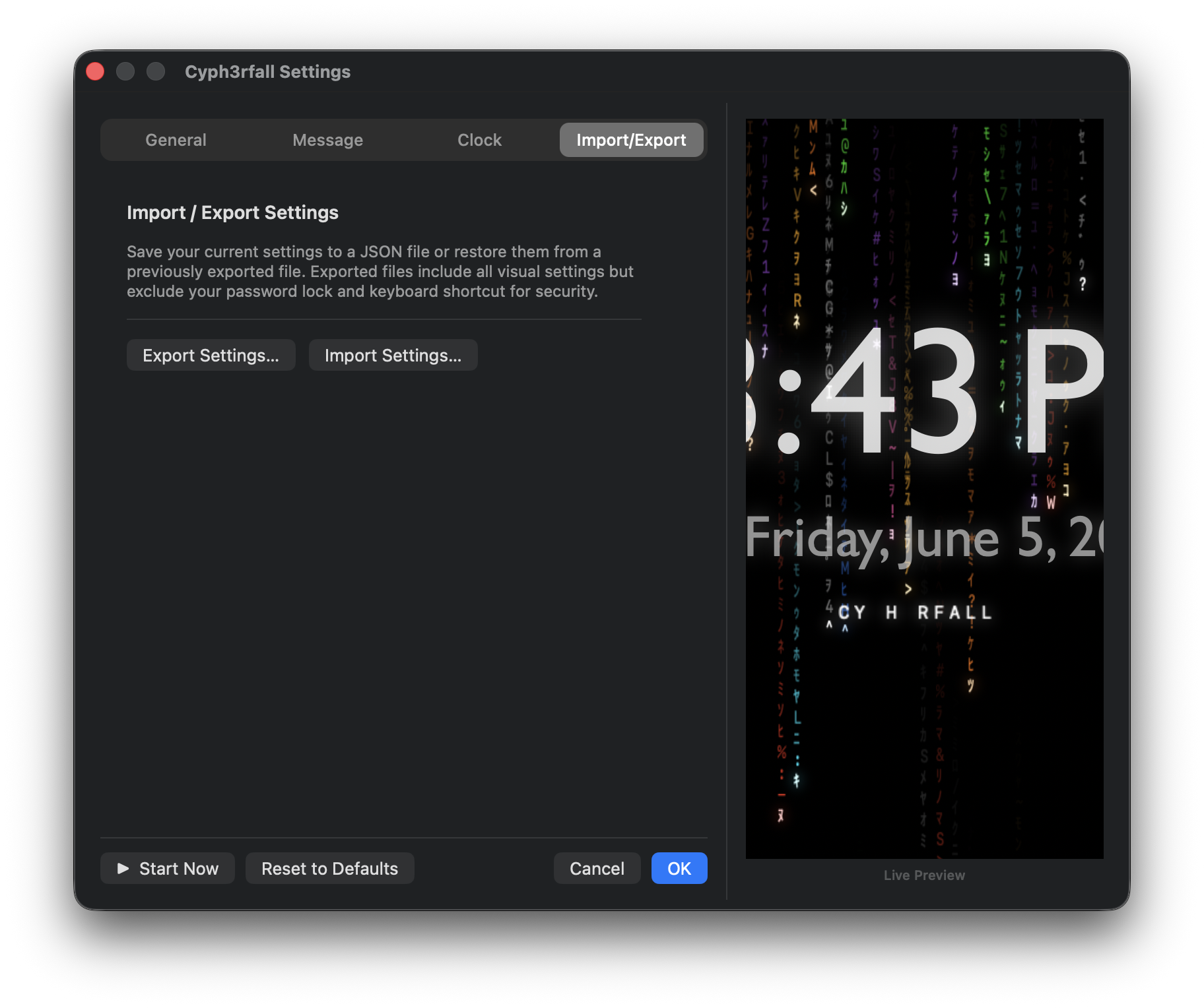 Import/Export tab — Export Settings and Import Settings buttons for backing up and restoring your preferences.