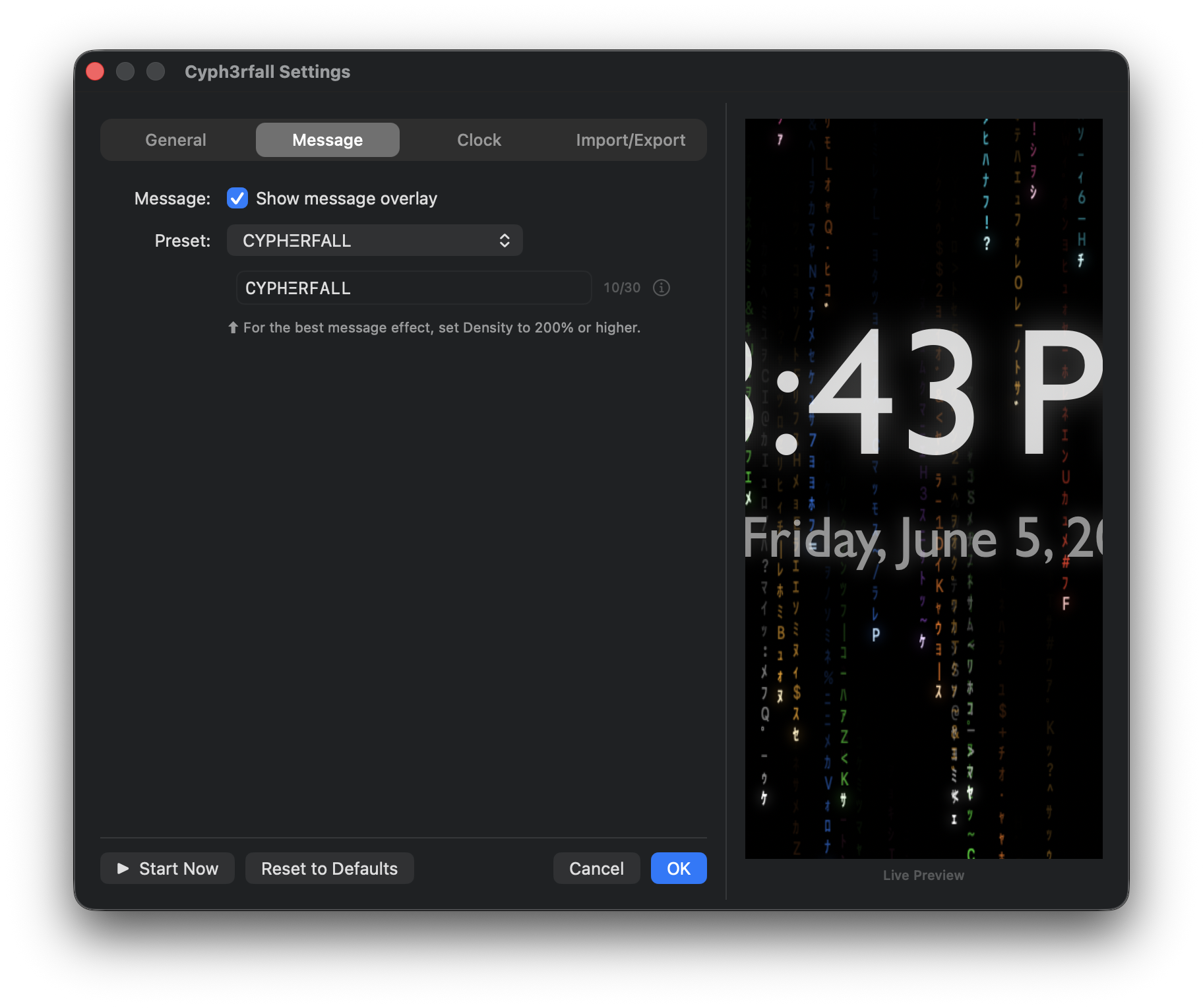 Message tab — show message overlay toggle, preset selector, and custom message text field.