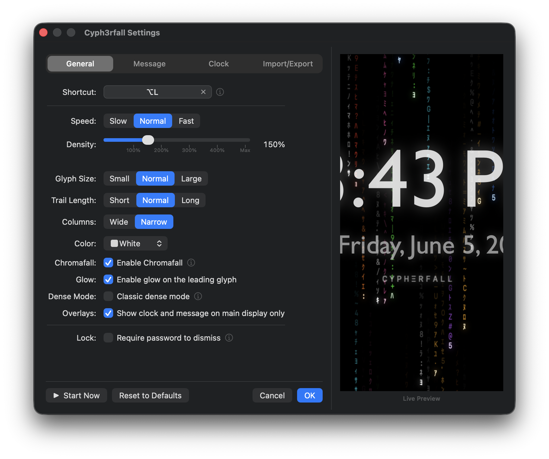 General tab — speed, density, glyph size, trail length, column spacing, colour preset, Chromafall, glow, dense mode, and password lock settings, with a live rain preview.